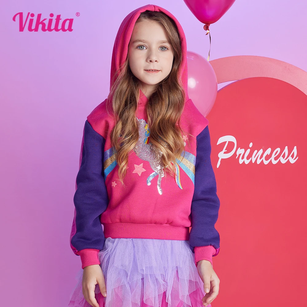 Фото VIKITA/Повседневные хлопковые толстовки с капюшоном для девочек Детская спортивная верхняя одежда с капюшоном на осень и зиму с принтом в виде единорога и звезд детская одежда для детей от 3 до 12 лет №1