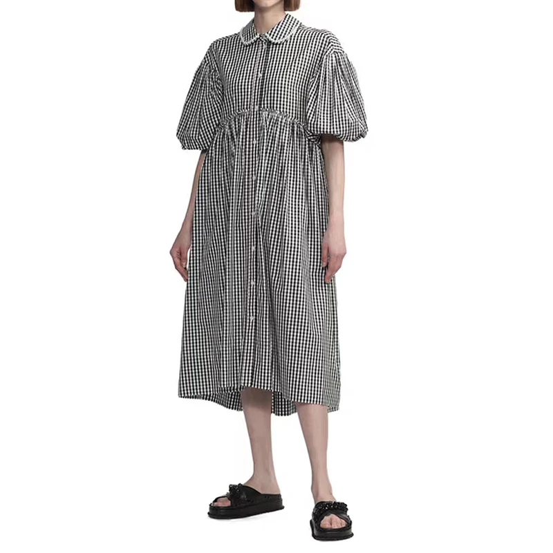 2023 Spring Summer Dress Doll Collar Puff Sleeve Plaid Loose Dress Women Clothing Midi Dress