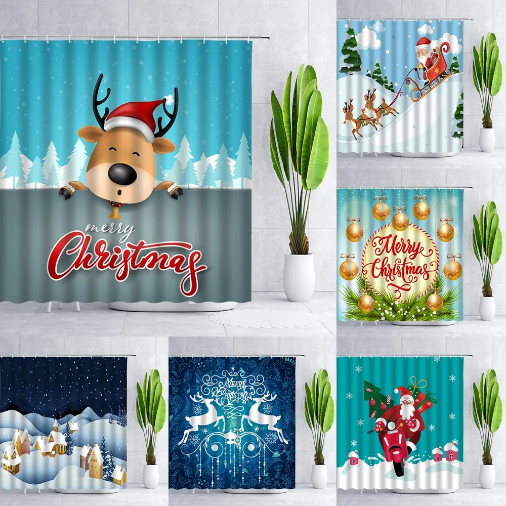 

Christmas Santa Claus Reindeer Shower Curtains Sets for Bathroom Decor Kids Xmas Cute Cartoon Elk Gold Ball Fabric Bath Curtain