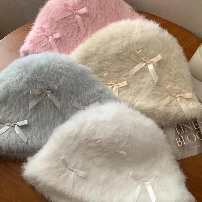 Милые популярные шляпы-ведра из искусственного меха с бантом для девочек женские