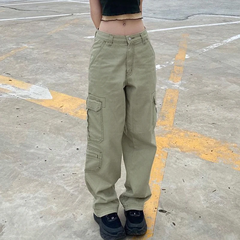 

Sunny y.j. Брюки-карго женские в стиле Харадзюку, винтажные прямые штаны в стиле 90-х, в стиле гранж, с завышенной талией, однотонные, Y2K