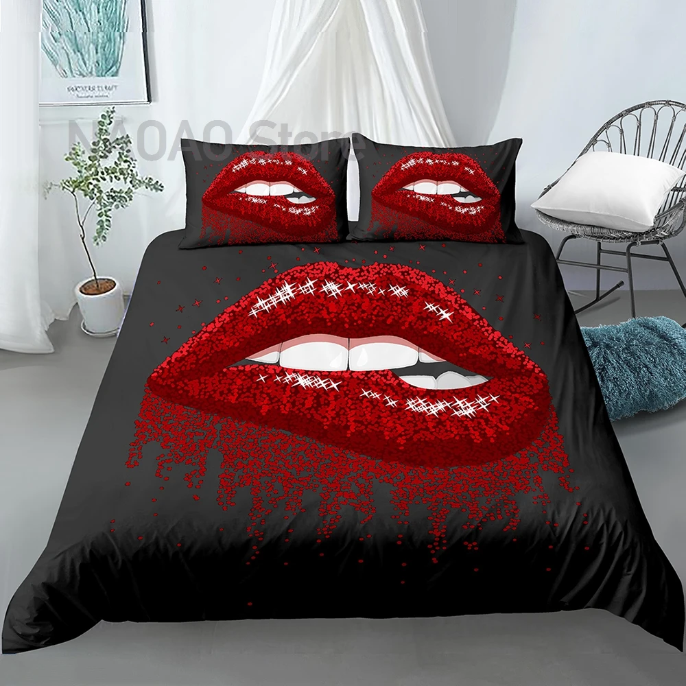 

Red Lips Duvet Cover Love Bedding Set Sexy Comforter Cover Set 3D Kiss Marks Bedding Duvet Cover with 1/2 Pillow Cases
