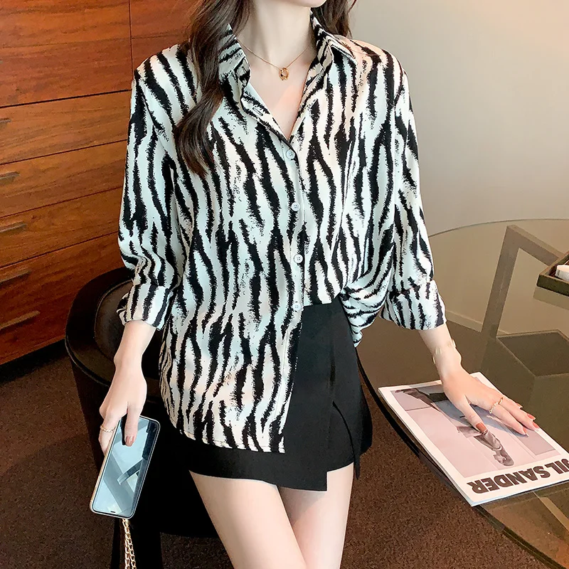 

Zebra Women's Blouse Chiffon Printing Loose Shirt Summer Long Sleeve Casual Fashion Top Female 2022 New Korean Style Clothing