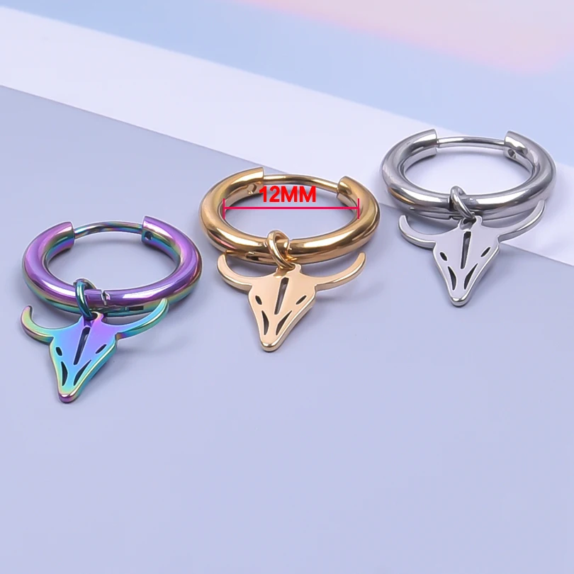 

Piercing Stainless Steel Charms Earrings Animal Cattle Head For Women Men Jewelry Silver/Gold/Rainbow Color Hoop Boucle Round