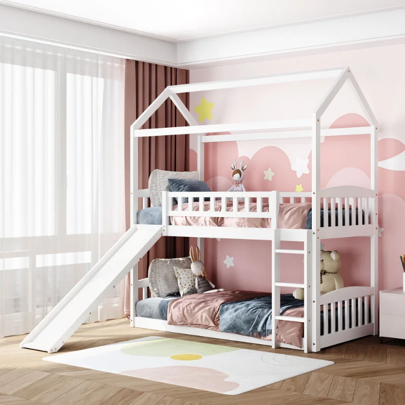 

Twin Over Twin Bunk Bed with Slide\ House Bed with Slide\ White(OLD SKU: LT000213AAK) White Solid Wood [US Stock]