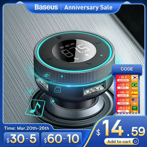 FM-трансмиттер Baseus автомобильный с поддержкой Bluetooth 5,0 и 2 USB-портами