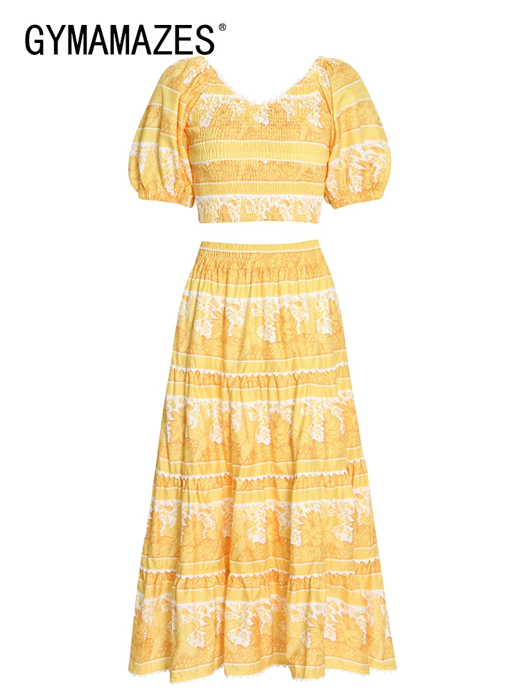 

GYMAMAZES Vintage Print Two Piece Set For Women V Neck Short Puff Sleeve Tops High Waist Midi Skirts Female Sets 2022 Clothing