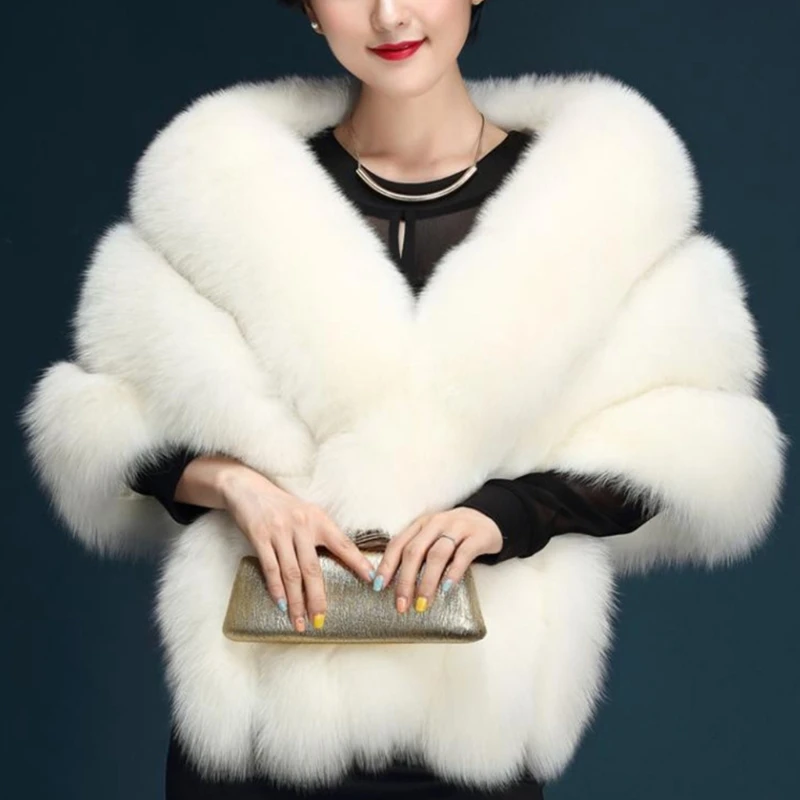 

Womens Winter Faux Fur Scarf Collar Shrug V-Neck Shawl Wrap Stole Bridal Cloak