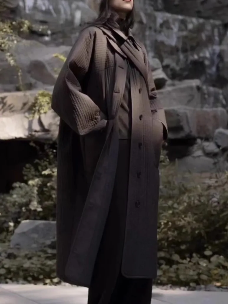 He 2024 осенне-зимнее новое свободное однобортное длинное пуховое пальто из