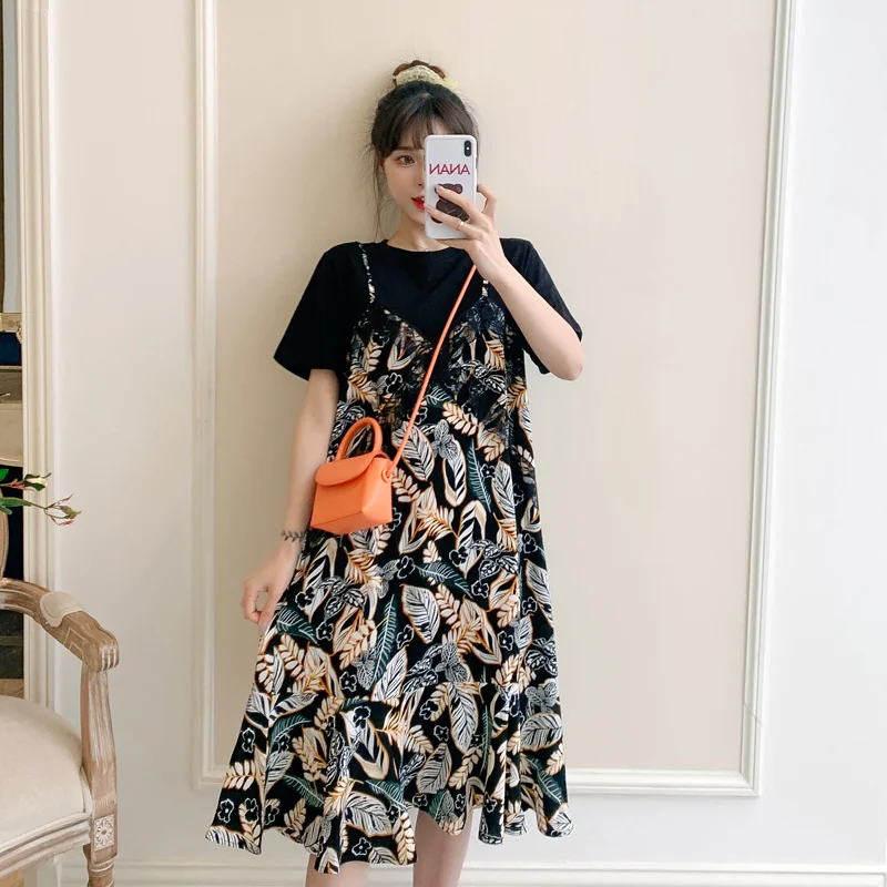 

2021 summer women's Korean loose full matching plump girl fashion splicing false A-line skirt