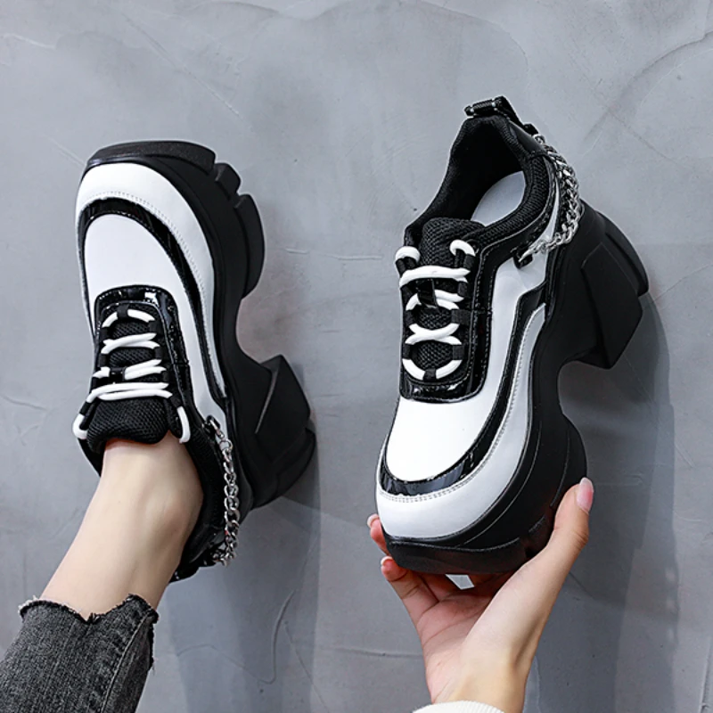 10cm Elevator Shoes Metal Decoration Ankle Boot Platform Wedge Women Casual  Autumn Super High Hidden Heel Sneakers Shoes