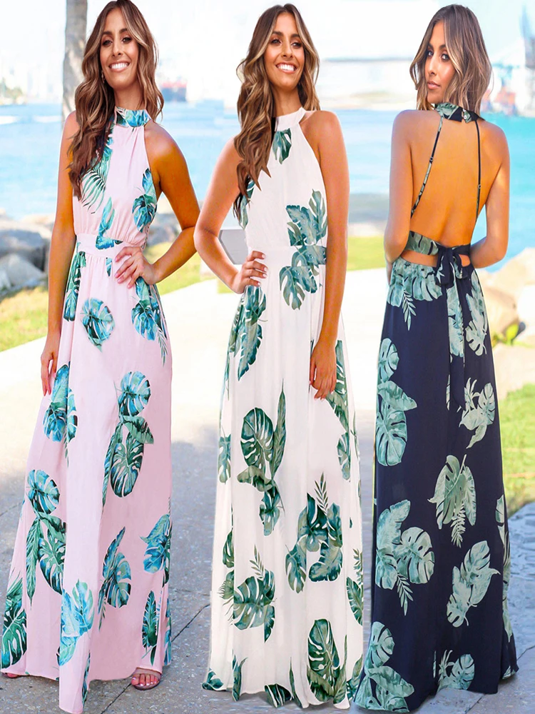 

Vintage Leaf Print White Long Dress Summer Women Sexy Backless Lace-up Halter Sleeveless Maxi Dress Woman Vacation Beach Dresses