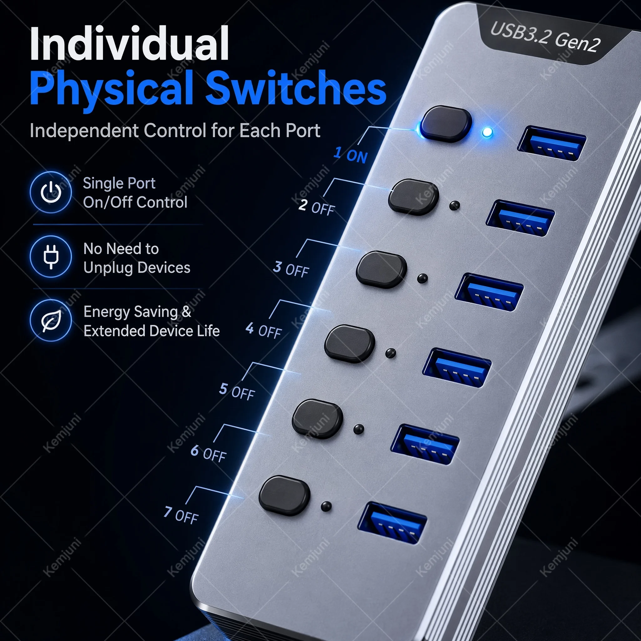Фото USB-хаб 10 Гбит/с USB 3.2 Gen2, 7 портов, с питанием, алюминиевый корпус, с индивидуальными выключателями, USB-разветвитель для ноутбуков и мобильных жестких дисков №3