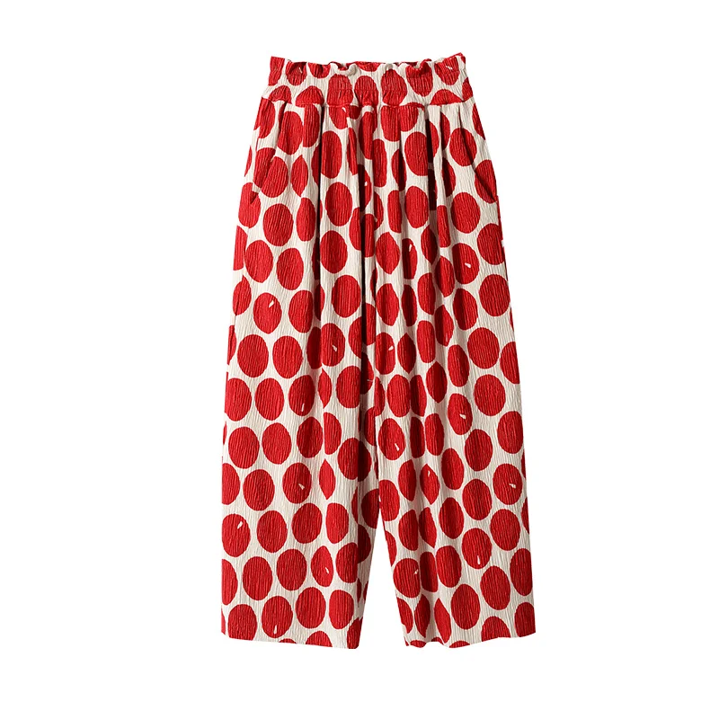 original design red polka dot elastic waist loose wide leg pants casual all-match pleated ninth pants women's clothing