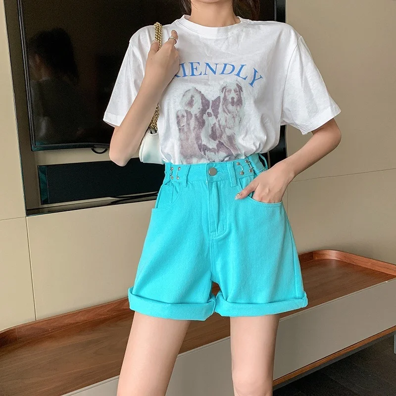 Hottie High Waist Five Point Shorts Summer Women Loose Casual A-Line Wide-Leg Denim Shorts Fashion Thin Breathable Green Jeans