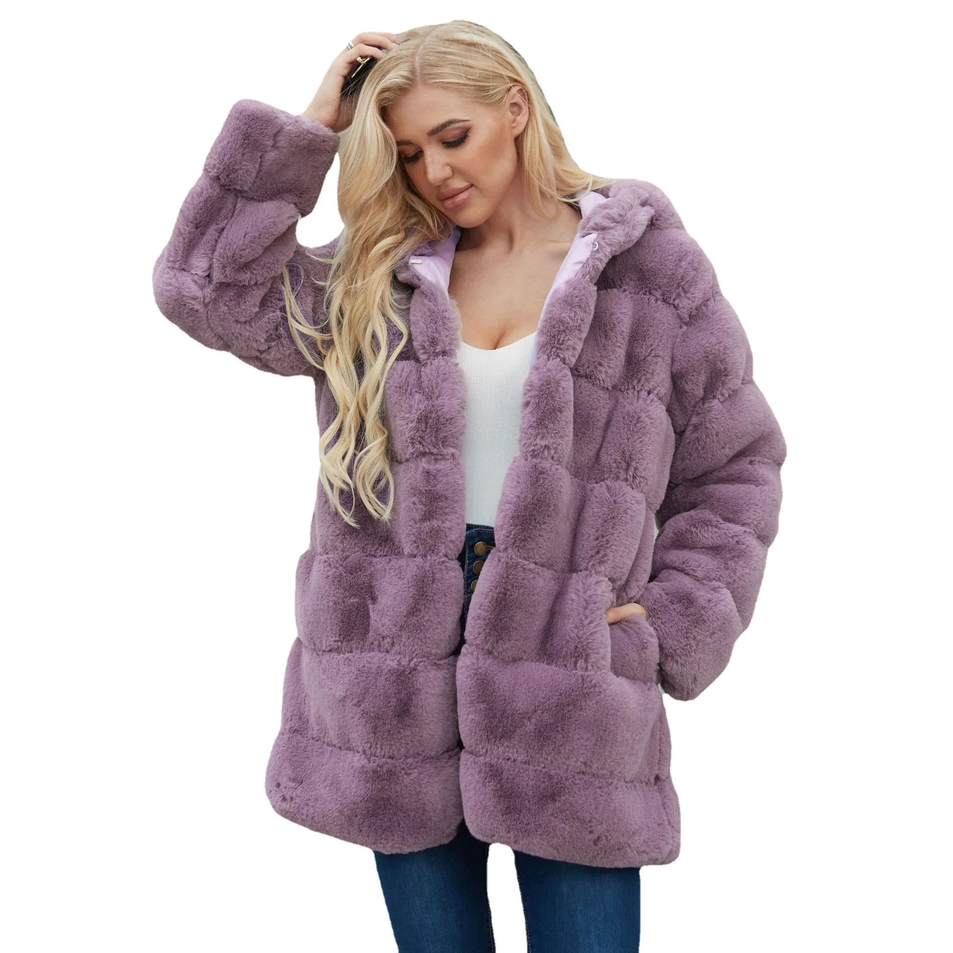 Women's Leather Fur Coat Hooded Long Faux Fur Coat Women's Faux Fur Coat