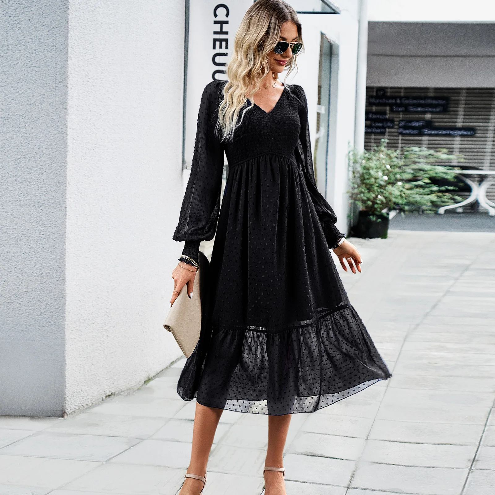 

Dress 2023 Autumn and Winter Women's Elegant Lantern Sleeve V-neck Jacquard Long Dress Vestidos De Mujer