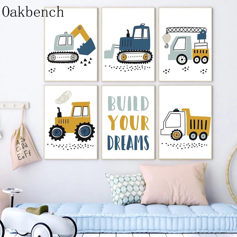 

Engineering Wall Paintings Name Custom Wall Art Excavator Rainbow Print Pictures Nursery Wall Posters Baby Boys Room Decoration