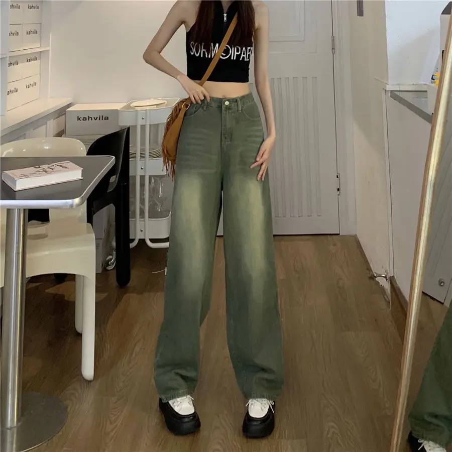 Streetwear Fashion Women Green Jeans Spring Autumn Vintage Versatile Pants New High Waist Wide Leg Loose Female Casual Trousers
