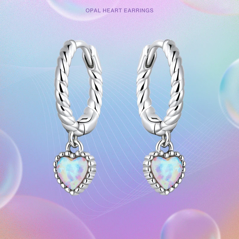 

WOSTU 925 Sterling Silver Round Beads Opal Love Heart Ear Buckles Stud Earrings For Women Fashion Party Jewelry Gift CQE1385