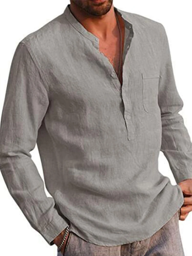 Рубашка мужская с воротником-стойкой на пуговицах из хлопка и льна |