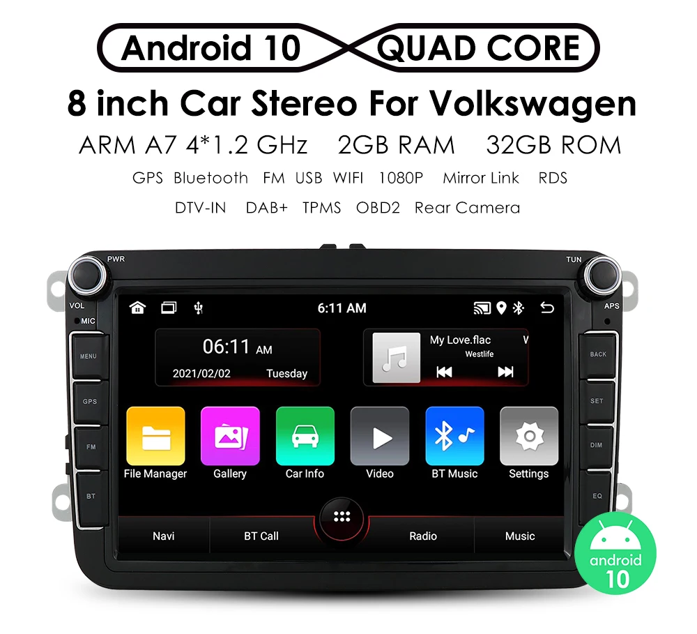 

Автомагнитола 2 din мультимедийный плеер GPS для Volkswagen VW Passat B7 B6 Golf Touran Polo Sedan Tiguan jetta Android 10 2 + 32 4G WIFI