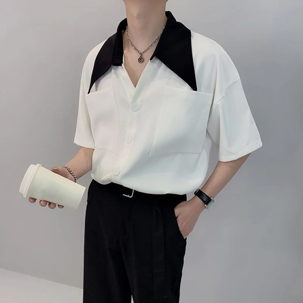 

Black White Splice Shirt Men Streetwear Fashion Vintage Loose Casual Short Sleeve Shirts Man Ice Silk Y2k Contrast Chemise Homme