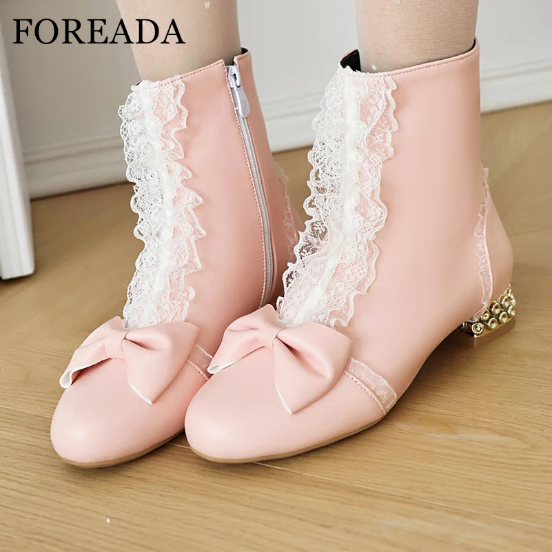 

FOREADA Women Ankle Lolita Boots Round Toe Thick Low Heels Ruffles Zipper Bow Kawaii Short Boot Lady Cosplay Shoes Autumn Winter