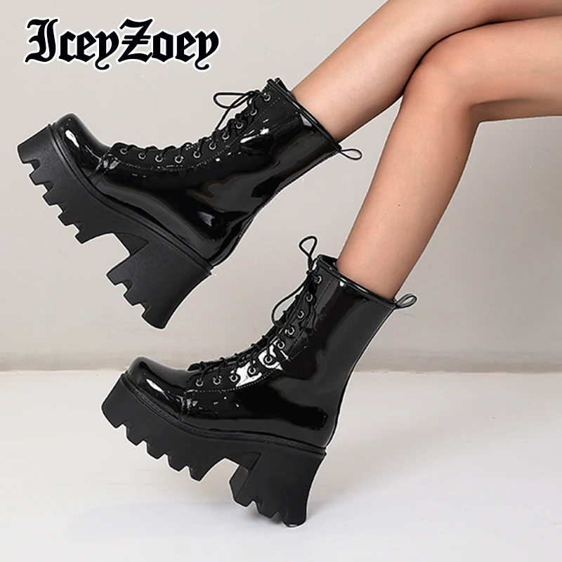 

IceyZoey New 2023 Women Short Boots Platform Shine Winter Shoes For Woman Fashion Gothic Punk Boot Female Footwear Size 34-43