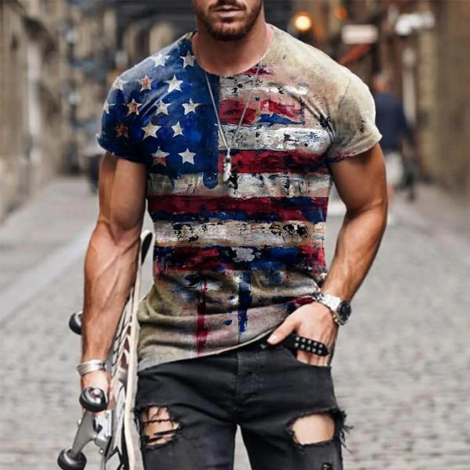 

Рубашка мужская с круглым вырезом, уличная свободная футболка с американским флагом, с коротким рукавом, День независимости США, 4 июля
