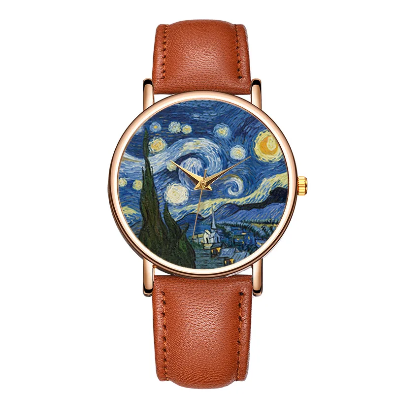 

Women Watches Top Brand Van Gogh's Starry Sky Leather Strap Quartz Clock Arabic Numerals Dial Wrist Watch Reloj Mujer Hombre