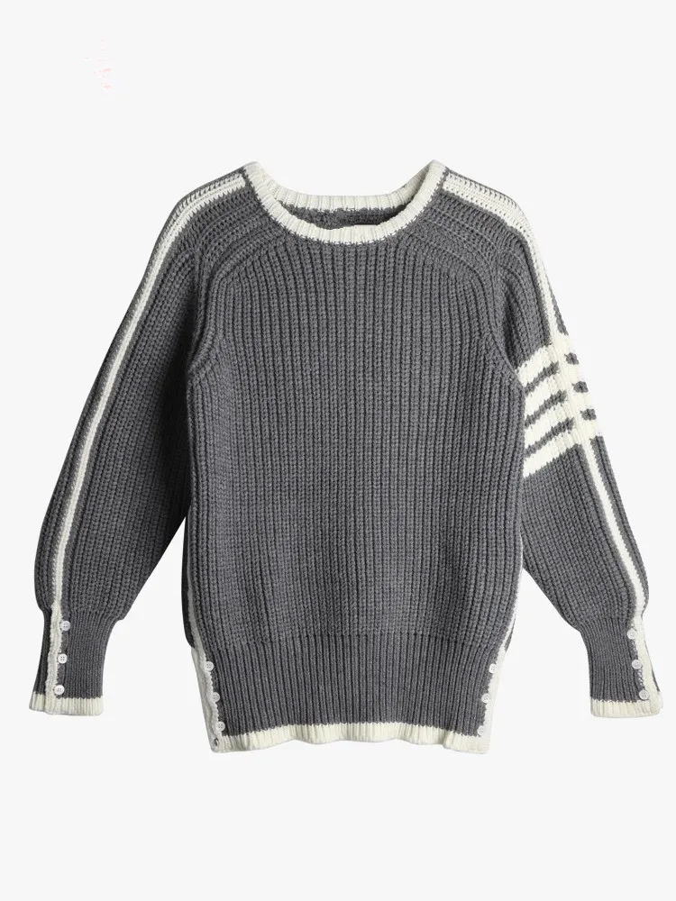 

TB THOM Men's Knitted Sweater 4-bar Stripe O-neck Autumn Winter Sweater Thickened Loose Pullover for Men and Women High Quality
