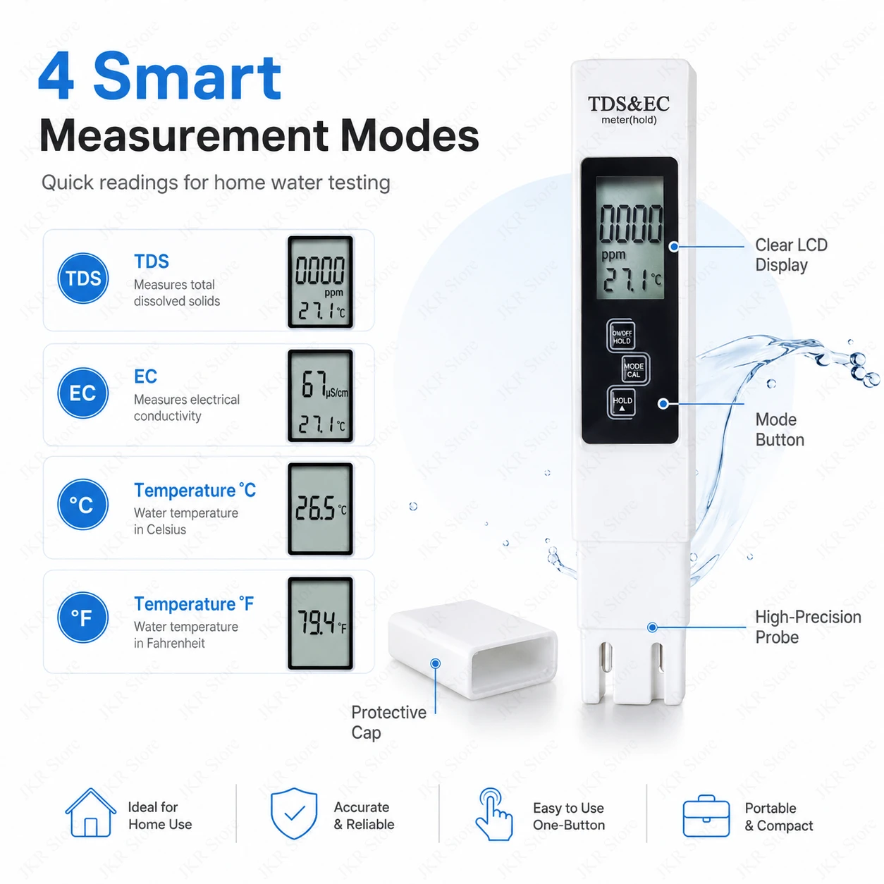 Фото Цифровой измеритель качества воды TDS/EC/PPM (0-9990) с функцией измерения температуры (TEMP) для аквариумов, рыбных прудов и питьевой воды. Набор для тестирования чистоты воды. №2