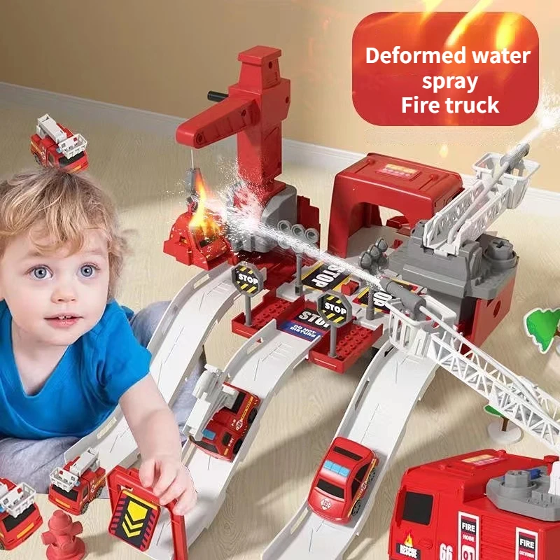 

Children's DIY Assembled Deformable 2 In 1 Sprinkler Fire Truck Sliding Track Puzzle Disassembly Boy and Girl Toy Car Gift