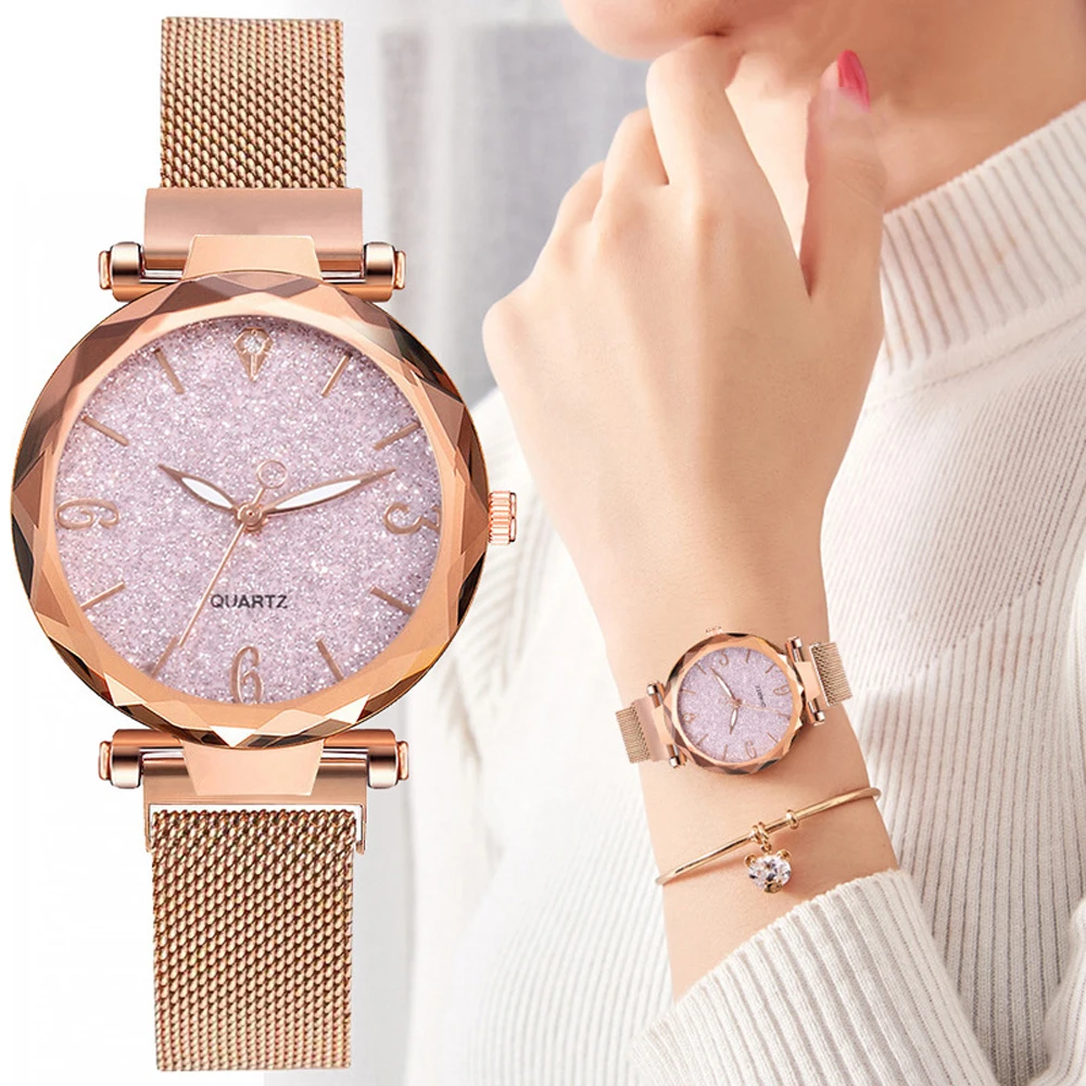 

Женские наручные часы из розового золота, брендовые роскошные магнитные часы со звездным небом, женские наручные часы с сетчатым браслетом,...