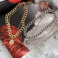 new fashion vintage multi layer coin chain choker necklace for women gold silver color portrait chunky chain necklaces