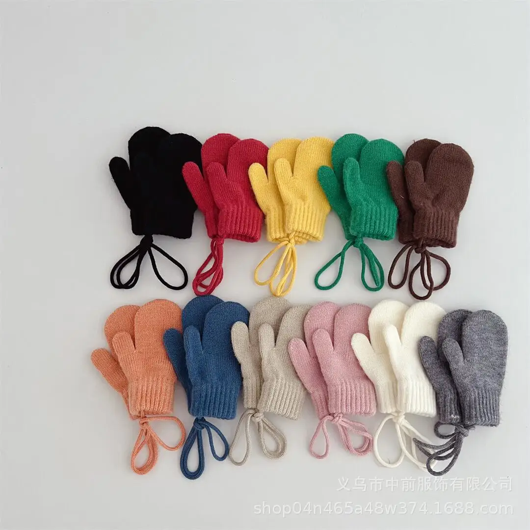 

Winter Knitted Children Gloves with Rope New Korean Solid Girl Boy All Finger Gloves Baby Kid Toddler Outdoor Windproof Mittens