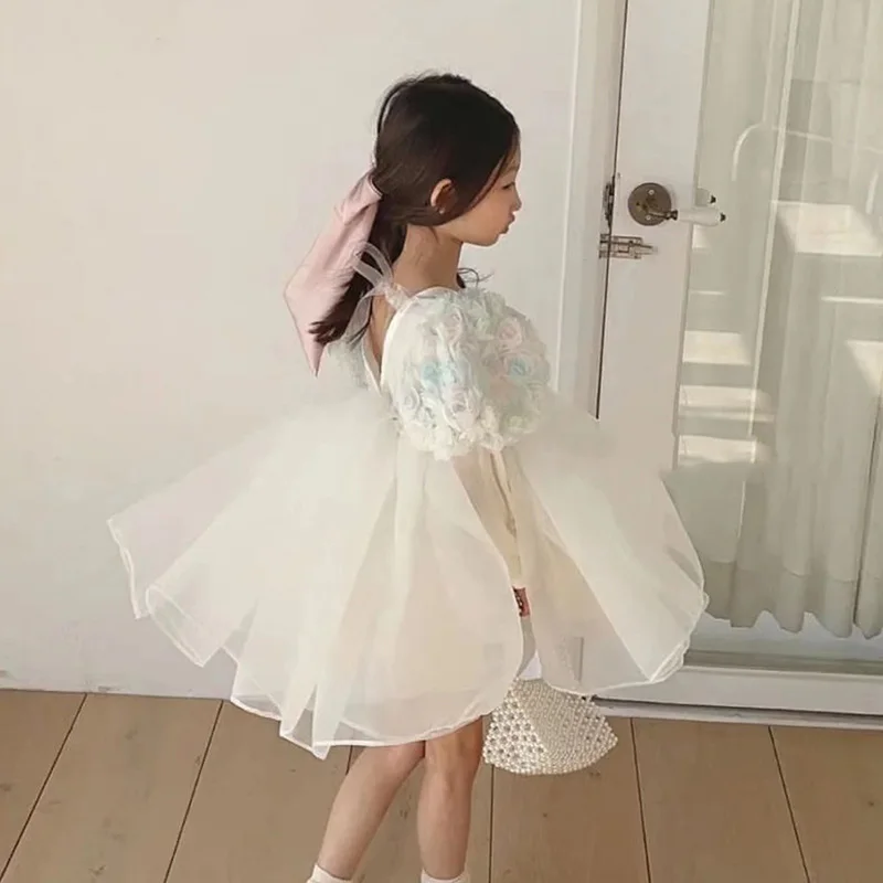Новинка Детские платья для девочек платье с пышными рукавами розовый белый