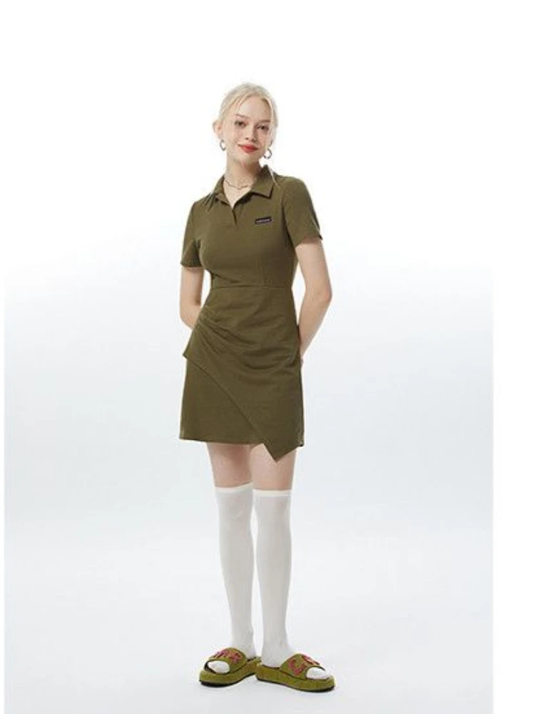 

HOUZHOU Casual Streetwear Slim Mini Dress Women Vintage Polo Collar Korean Fashion Black Dresses Summer Preppy Style Female Robe