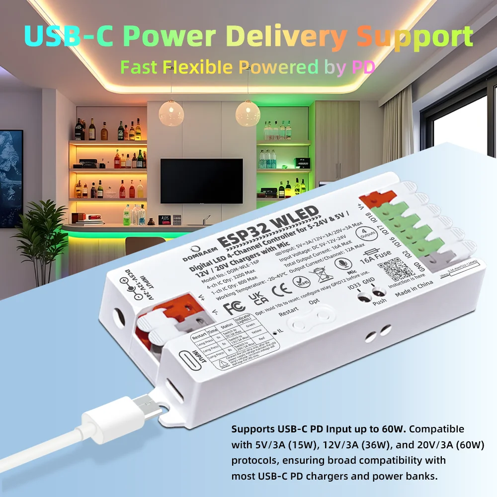 Фото Контроллер DOMRAEM ESP32 WLED, звуковой реактивный микрофон, 4 выхода, 16 А, предохранитель PD 5 В/12 В/20 В постоянного тока 5-24 В для WS281X SK6812 APA102 Pixel Light №2