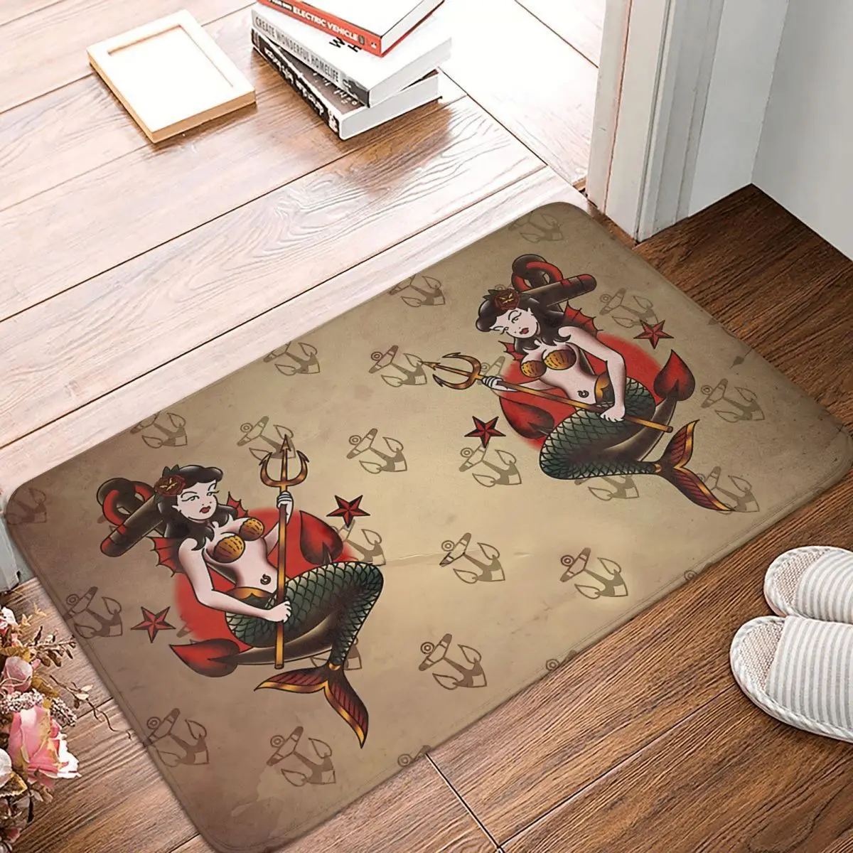 

Tattoo Old School Style Non-slip Doormat Salty Dog American Traditional Nautical Mermaid Living Room Kitchen Mat Outdoor Carpet
