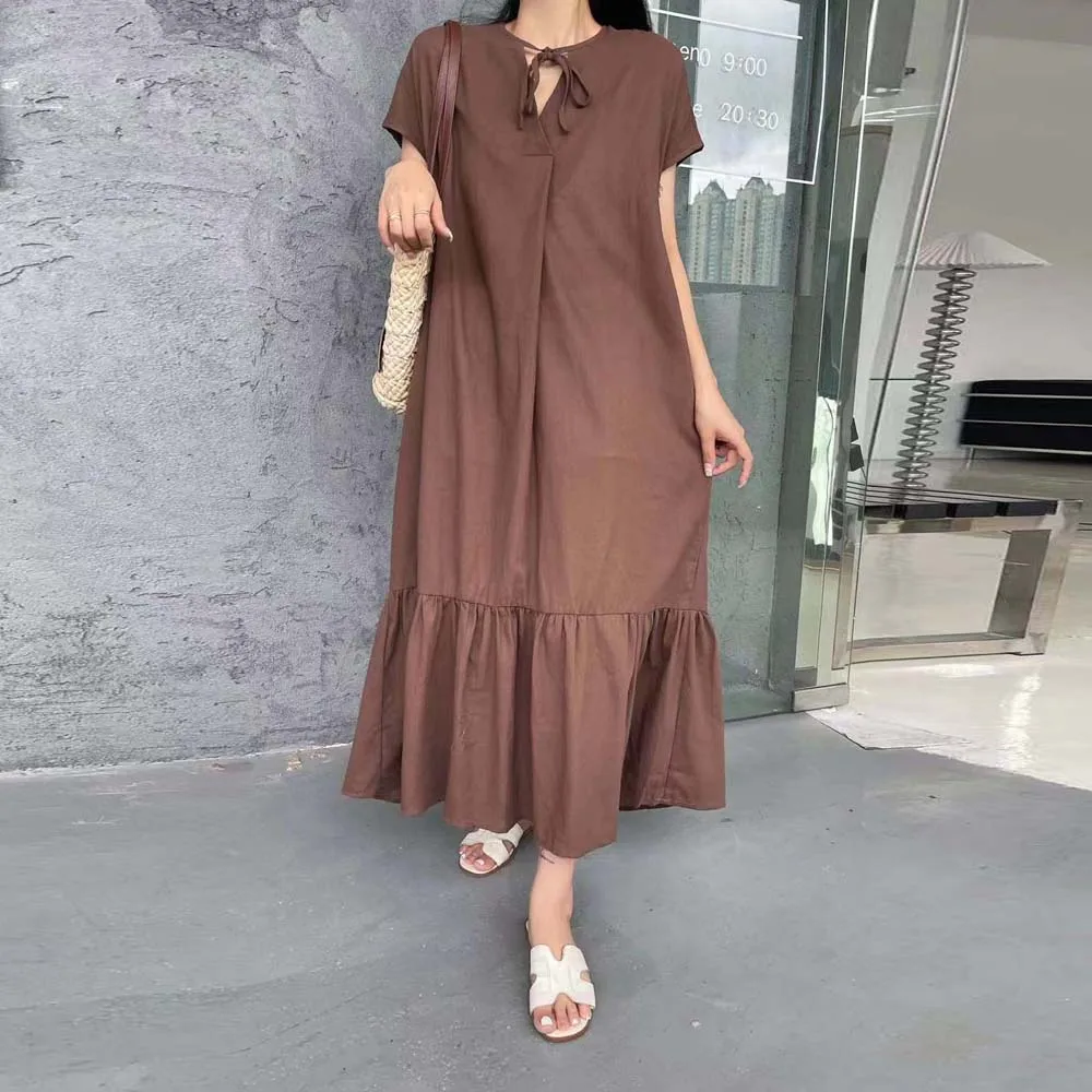 

Женское платье с V-образным вырезом, однотонное Свободное длинное платье с коротким рукавом, элегантный пуловер в корейском и японском стил...