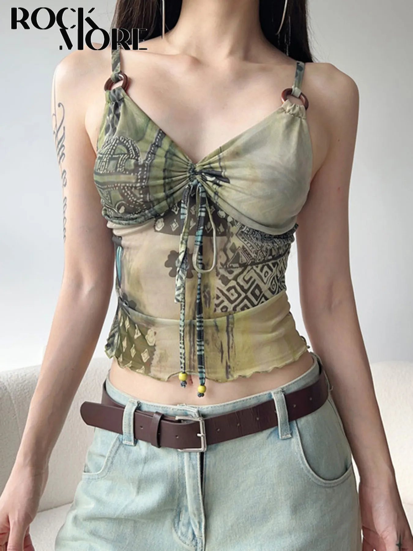 Женская сетчатая майка на бретельках с V-образным вырезом