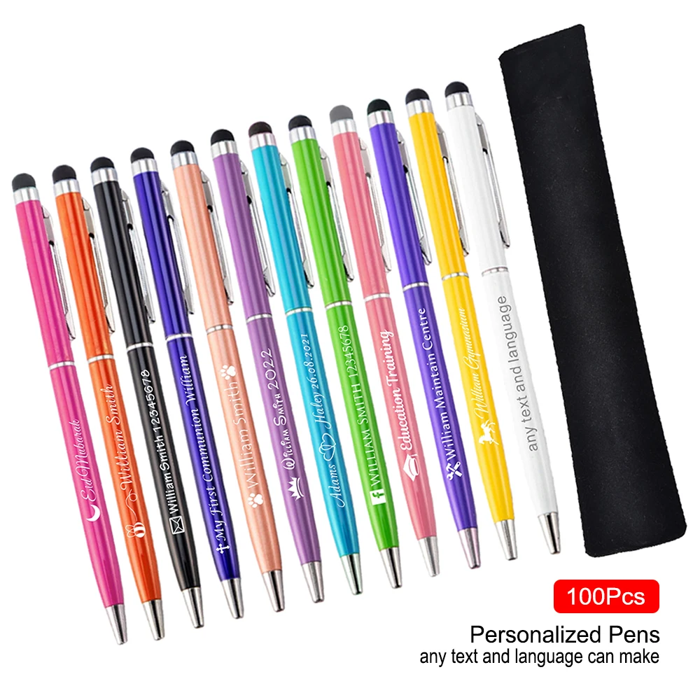

100Pcs Personalized Engraved Metal Pens Customize Company Conference Logo Baby Shower Baptism School Touch Screen