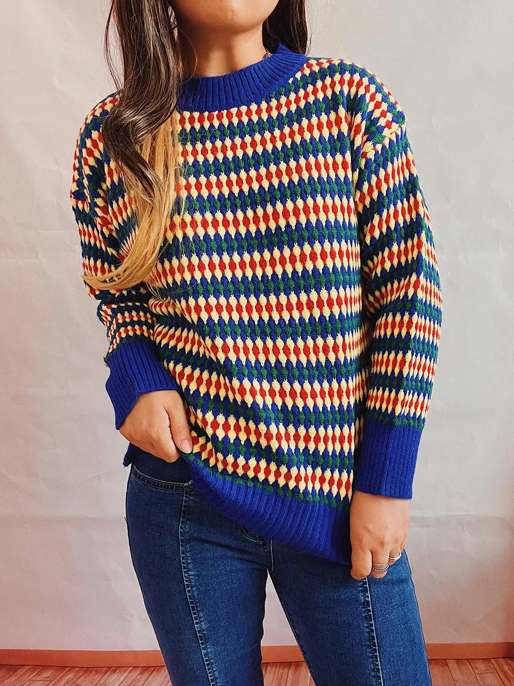 

2022 New Autumn Winter Women Cashmere Sweaters Colorful Stripe O-Neck Batwing Sleeve Knitted Pullovers Patchwork Jumper Tops