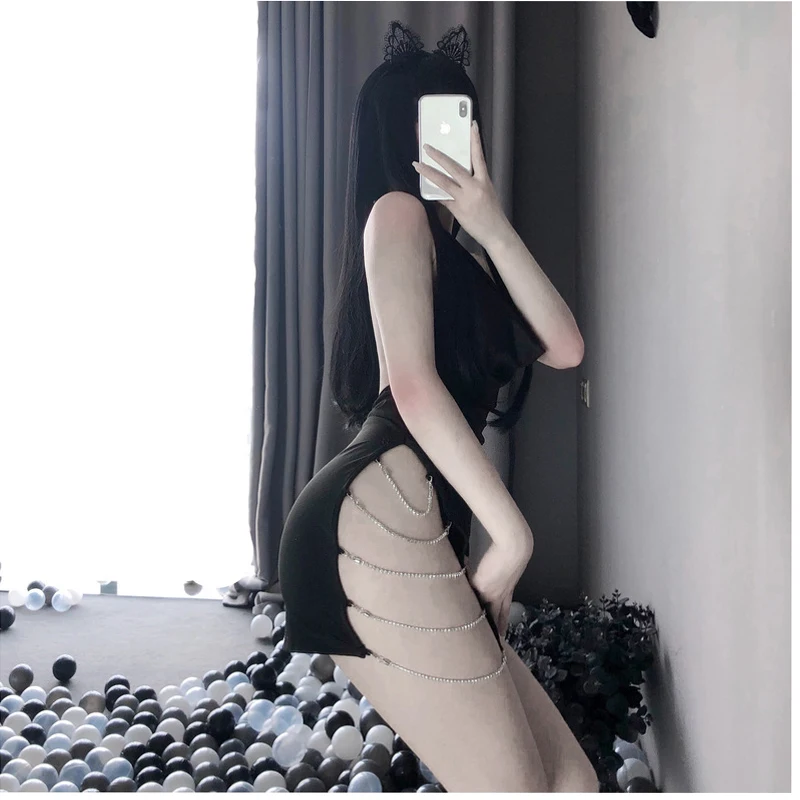 

GLFS Fashion Sexy Bodycon Dress for Women Elegant Party Club Wearing with Cute Thong Open Chest Side Chain Design Costumes