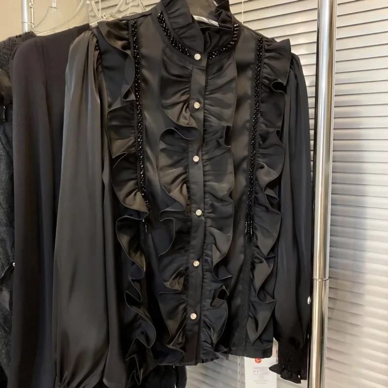 Элегантная шифоновая блузка топ женская осень 2024 новый стиль свободная рубашка с