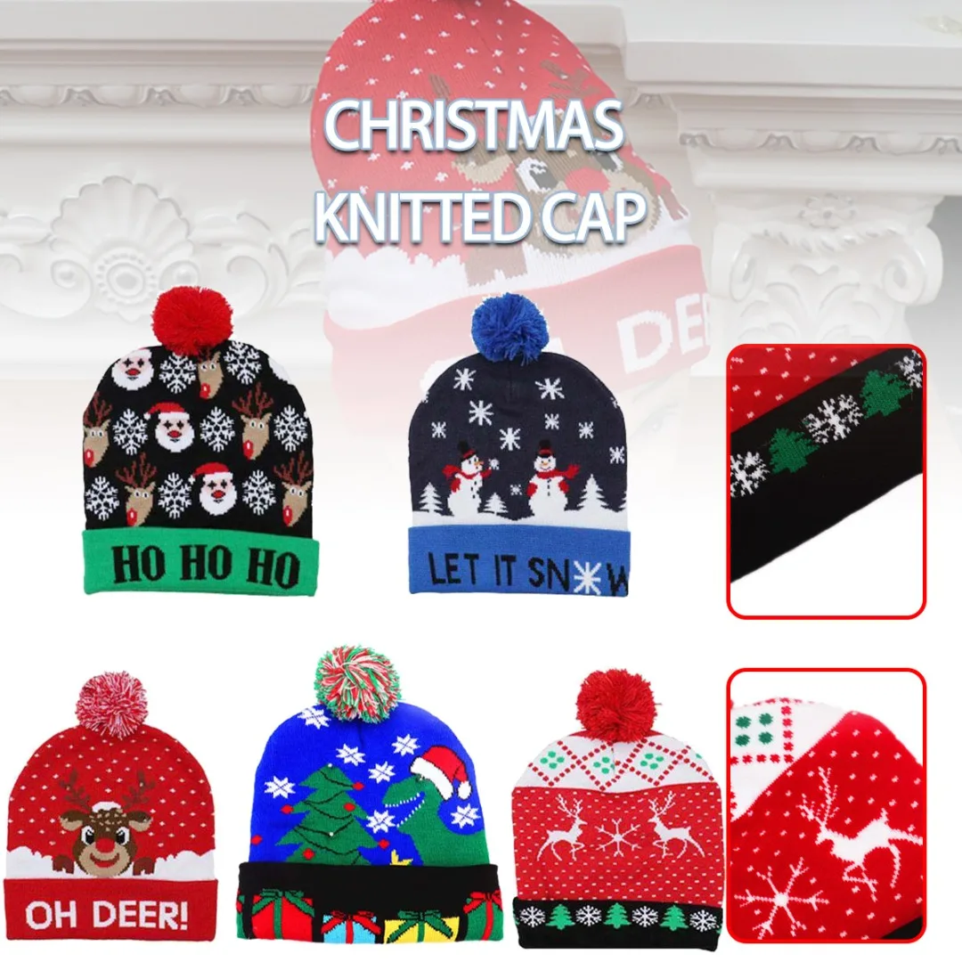 

1pc Unisex Christmas LED Flashing Light Hat Autumn Winter Warm Adult Children Cartoon Printed Beanie With Button Battery