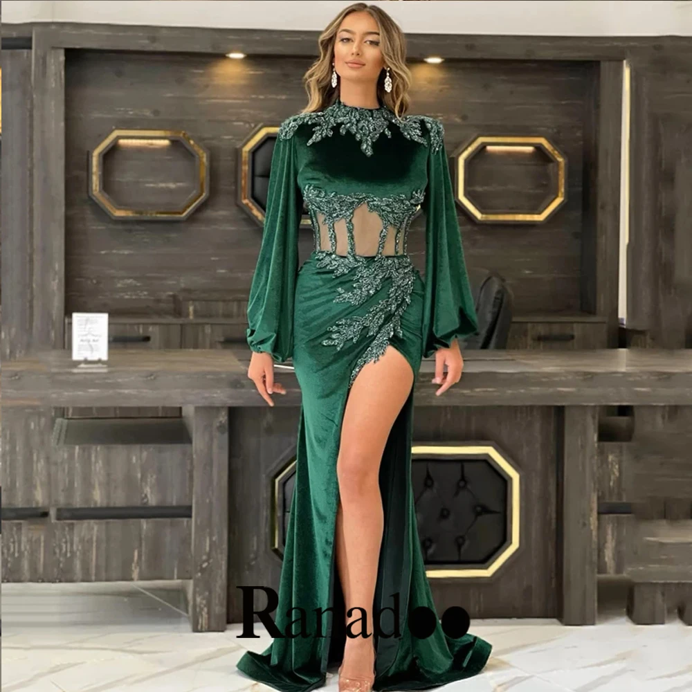 

Mermaid Evening Gowns For Women Appliques O Neck Velour Court Train High Split Long Sleeve Illusion Cocktail Party Abendkleider