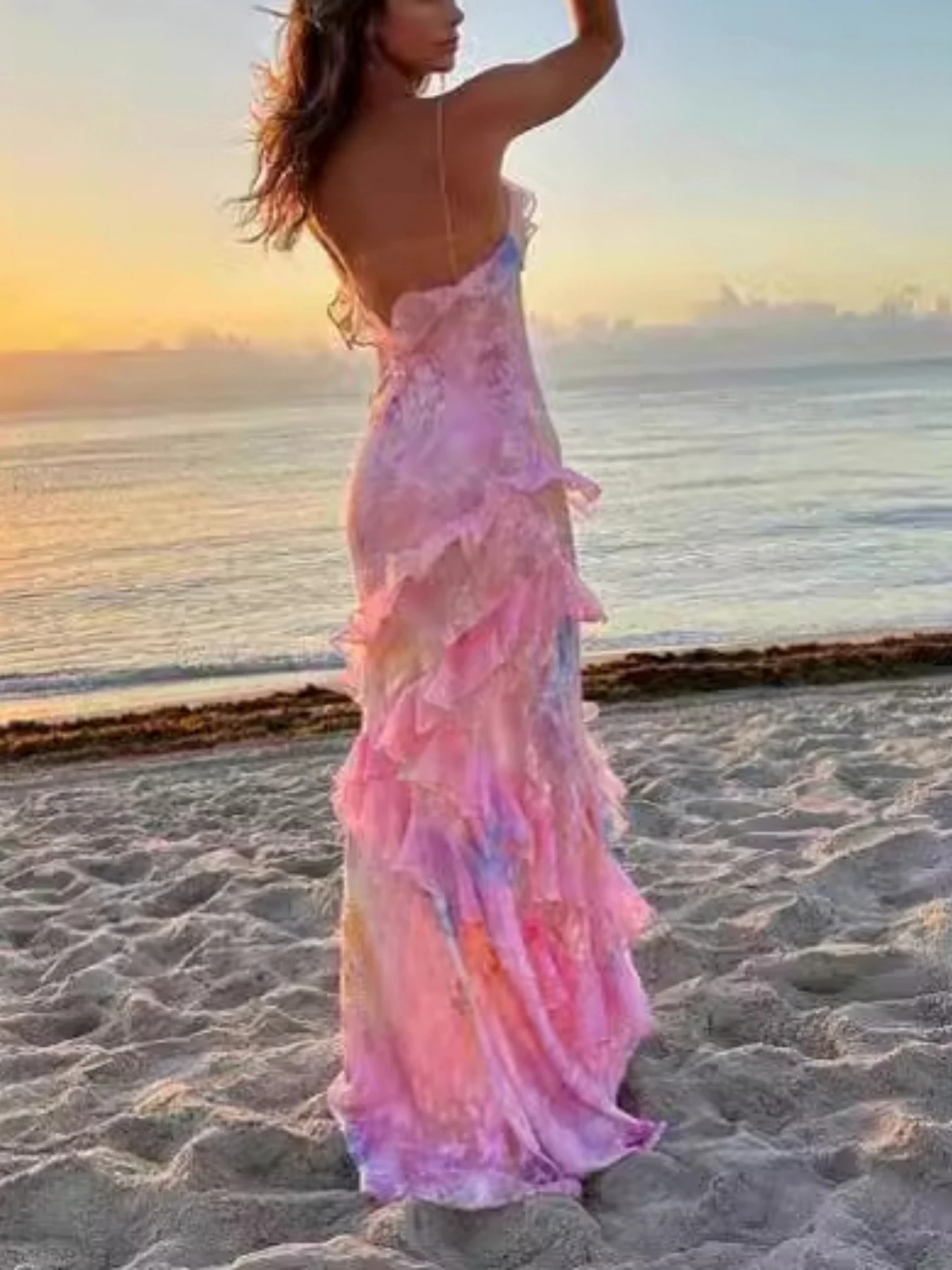 Модная юбка Mikydely с принтом и оборками сексуальное платье лямкой на шее открытой